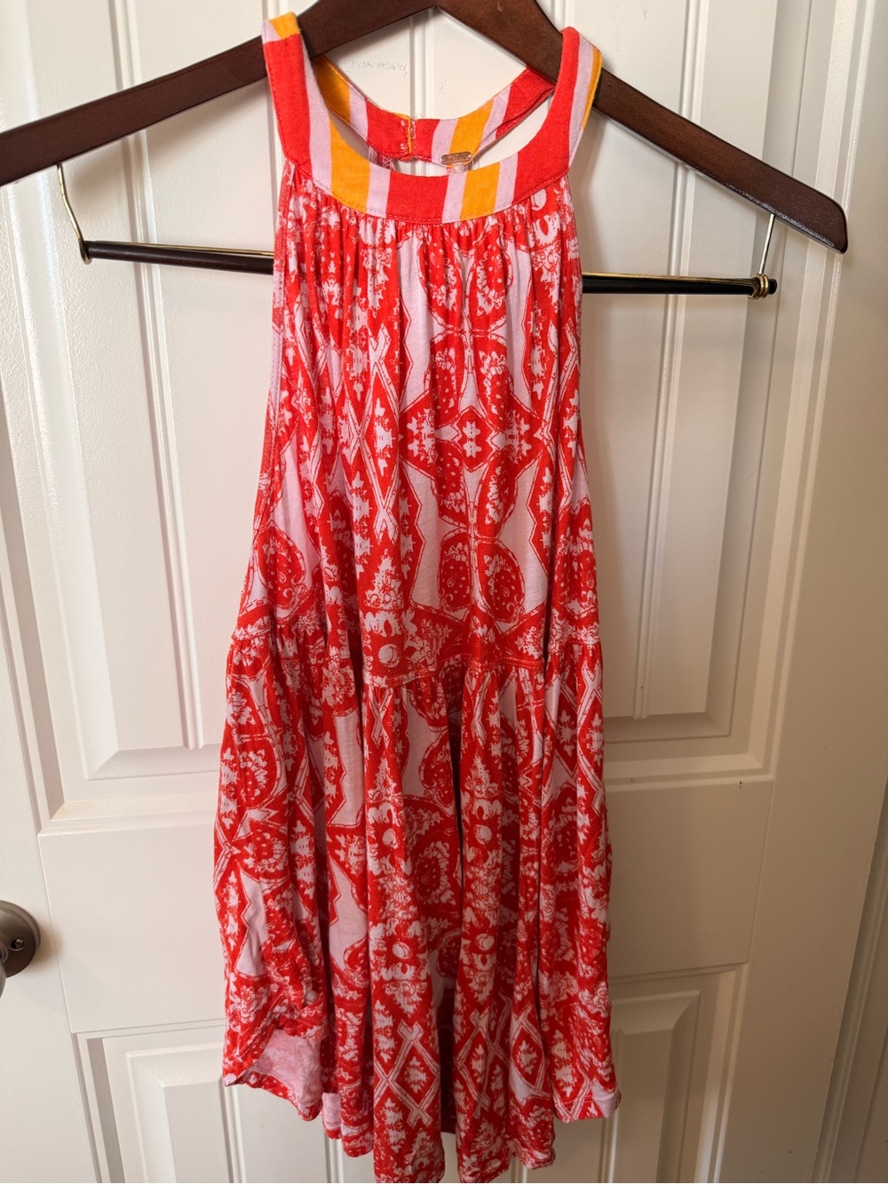 Free People Red Patterned Halter Maxi Dress with Striped Neckline